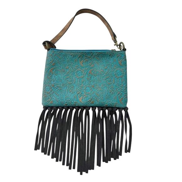 NWT! Justin Turquoise Western Fringe Convertible Mini Shoulder Wristlet Bag - Picture 2 of 6